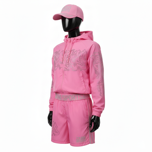 <b>Women</b> Premium Windbreaker Short Set Soft Polyester Fabric Breathable <b>Pink</b> Two Piece Hotfix Logo Windbreaker Short Set plus size - Product Image 4