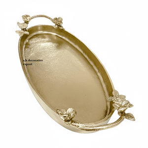 Plateau de service élégant fait à la main, personnalisable, finition dorée brillante, compatible lave-vaisselle, aluminium de qualité commerciale, poignée en forme de feuille, pour aliments - Product Image 3