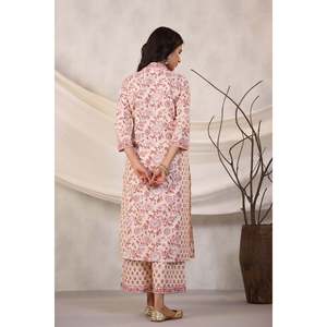 Kurti de Algodón para Mujer - Top Recto con Cuello en V y Estampado de Bloques Color Durazno - Product Image 5