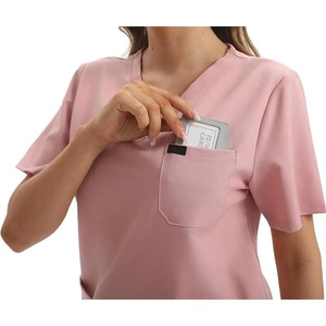 Top de gommage médical de haute qualité pour femmes de l'hôpital royal, personnalisable, col en V, manches courtes, polyester, coton tricoté pour - Product Image 3