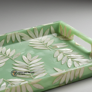 El proveedor indio ofrece una bandeja rectangular de lujo con incrustaciones de concha de nácar (MOP) con acabado suave/verde, patrón de hojas botánicas - Product Image 4