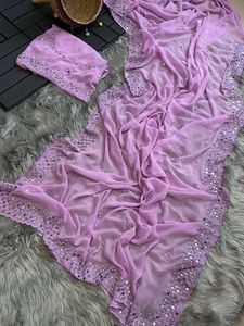 Sari en soie géorgette pure avec travail de perles, saris en miroir véritable avec pièces de blouse pour femmes - Product Image 4