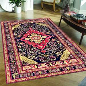 Tapis imprimé à motifs vintage, beige, bleu, décoration de style farmhouse, turc, antidérapant, tapis fin non tissé - Product Image 2