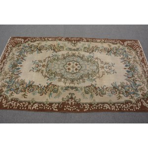 Handmade Traditional Brown Beige Wool <b>Rug</b> 3.9 X 6.9 ft Vintage Turkish Patchwork Rectangle Design Latex Teen <b>Bedside</b> Hallway - Product Image 3