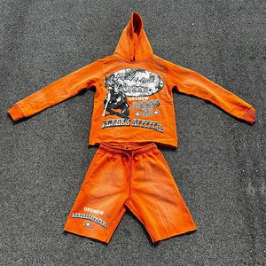 Ensemble pulls à capuche et shorts à logo personnalisé Streetwear Survêtement à capuche sérigraphie Vintage délavé à l'acide survêtement pour hommes - Product Image 2