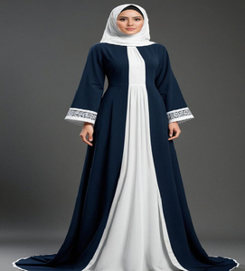 ชุดเดรสสีกรมท่าและสีขาวแบบสองสีที่ดูหรูหรา พร้อมด้วยการตกแต่งด้วยลูกไม้ที่แขนเสื้อ และผ้าคลุมศีรษะสีขาวที่เรียบหรู - Product Image 1