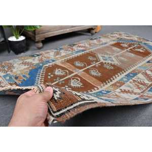 Tapis turc vintage 3.9 X 7.2ft marron bleu Patchwork Design laine Latex plat tissage Technique pour salon couloir décorations - Product Image 3