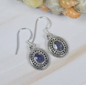 Solide 925 Sterling Silver Blue Iolite Quartz Ovale Forme Lunette Réglage Gemme Dangle & Drop Boucles D'oreilles Fine Jewelry Cadeau Pour Elle - Product Image 2