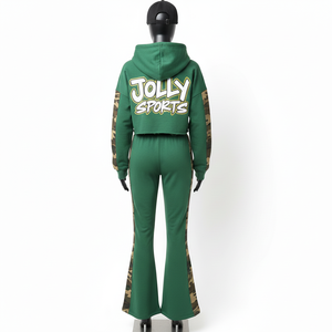 Survêtement pour femmes de qualité supérieure en coton doux et polaire vert avec panneaux camouflage et impression de logo personnalisé Survêtements grande taille - Product Image 2