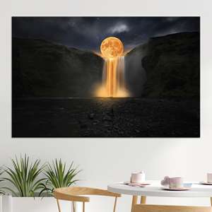 Impresión en lienzo de cascada bajo la luz de la luna: arte de pared con paisaje de fantasía, lienzo envuelto - Product Image 1