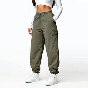 กางเกงคาร์โก้ลำลองเอวสูงของผู้หญิงกางเกงผ้าแคนวาสสีเข้มน้ำหนักเบา - Product Image 3