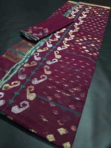 Exclusivo rojo Deshi Dhakai Jamdani Sharee calidad de exportación para mujeres JAMDANI tela azul verde dorado cielo azul de Bangladesh - Product Image 5