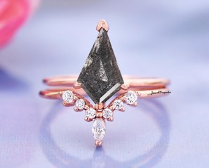 Unique Salt And Pepper Zircon Engagement <b>Ring</b> Set Two Piece Kite Shaped White 925 Sterling Silver Gold Plated <b>Rings</b> - Product Image 5