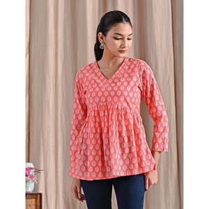 <b>Peach</b> Jaipuri Block Printed Women's Cotton Peplum <b>Top</b> Women's Knit <b>Tops</b> - Product Image 6