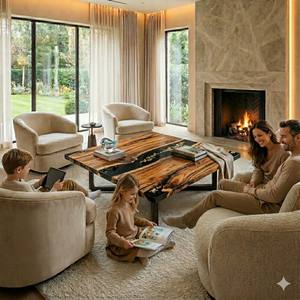 Mesa de Comedor Cuadrada de Resina Hecha a Mano, Moderna y de Lujo, con Cubierta de Madera de Acacia Sólida, Personalizable, con un Elegante Diseño de Río - Product Image 3