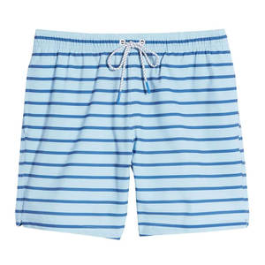 Shorts de Baño Personalizados para Hombre, Color Azul Cielo, Rayas Horizontales, Secado Rápido, Impermeables, Protección UV - Product Image 1