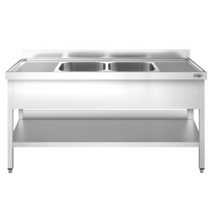 Évier commercial en acier inoxydable PREMIUM - 1800x600mm - avec double bac central - avec étagère inférieure - Product Image 3