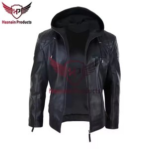 <b>Mens</b> Real <b>Black</b> Leather Hooded Jacket Quilted Shoulder Biker Motorcycle Cowhide Coat Custom Classic Winter Warm Outwear Style - Product Image 2