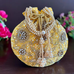 Traditional Indian Handmade Bright Yellow Embroidered Luxury <b>Bag</b> Pearl Handle Wrist Coin Potli <b>Bags</b> <b>for</b> Women's <b>Wedding</b> Gifts - Product Image 1