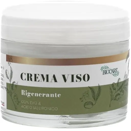 La crema per il viso rigenerante con olio d'oliva e acido ialuronico tratta intensamente la pelle molto secca e riduce le prime rughe