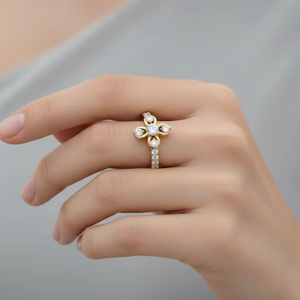 แหวนเพชรรูปกลีบดอกไม้ ทอง 14K แหวนผู้หญิง |   0.40Ctw ทรงกลมเจียระไนแบบบริลเลียนท์ สำหรับใส่ทุกวัน - Product Image 5