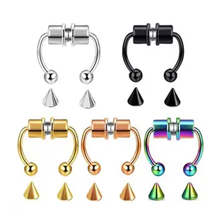 Pendientes de labio de color negro para hombre y mujer, Clips de herradura, aro de nariz dorado, aros de acero inoxidable sin perforar, anillo para nariz y tabique