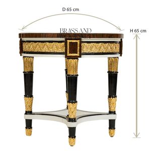 Mesa Auxiliar Redonda de Lujo con Incrustaciones de Nogal y Detalles Tallados a Mano en Dorado sobre Patas Negras Acanaladas para Interiores Clásicos - Product Image 4