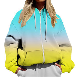 Último estilo, sudaderas con capucha de Color sólido para mujer, ropa deportiva personalizada para mujer, cremallera completa con dos bolsillos, bloque de Color cómodo - Product Image 2