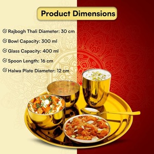Service de vaisselle en acier inoxydable avec détails dorés comprenant une assiette, un bol à soupe et une tasse en métal - Product Image 6
