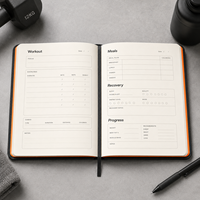 Journal de fitness personnalisé LABON A5, planificateur d'entraînement noir avec couverture en PU gaufré, bande élastique, bord orange, carnet de suivi d'entraînement