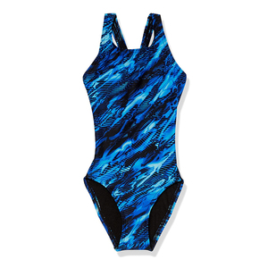 Traje de baño de una pieza para mujer, con cuello halter cruzado, estampado abstracto azul, cintura alta, en spandex y poliéster elástico - Product Image 6