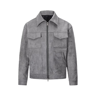 Veste en cuir suédé gris avec logo personnalisé OEM pour l'hiver et l'automne pour hommes Veste ample à fermeture éclair décontractée de couleur unie pour hommes 2026 - Product Image 1