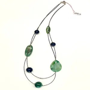 Long necklace green and blue colors with semiprecious stones High quality materials For woman Fashion For every look
