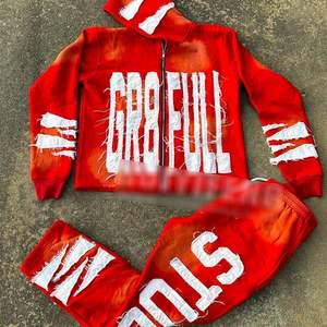 Ensembles de survêtements unisexes personnalisés avec broderie vieillie, sweats à capuche zippés et pantalons de jogging, style streetwear vintage délavé à l'acide - Product Image 3