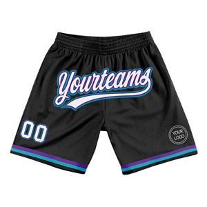 Shorts de basketball personnalisés Industrie Direct noir, blanc, violet-vert-bleu, style rétro authentique - Product Image 1