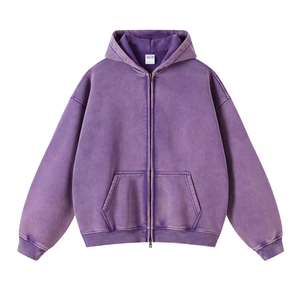 Personalizado de alta calidad Streetwear Sudadera con capucha de lana en blanco de la vendimia de doble capa de lavado ácido Sun Faded Distressed Pockets Hoodies - Product Image 4