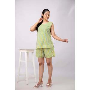Pijama a Rayas Amarillo y Verde Mar para Mujer, con Cintura Elástica, Logotipo Personalizado, Tela Suave Tejida, para Uso en Casa y Nupcial - Product Image 4