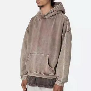 Venta al por mayor ácido lavado pesado 350 gramos algodón sudaderas hombres de gran tamaño desgastado Vintage lavado en relieve impresión Sudadera con capucha - Product Image 2