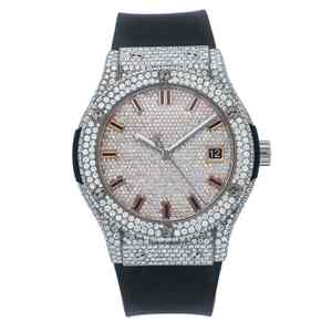 Reloj de Pulsera de Acero Inoxidable con Esfera de Oro Rosa con Incrustaciones de Diamantes Moissanite de Corte Antiguo, Movimiento Automático ETA, Correa de Cuero Negro, Resistente al Agua - Product Image 1