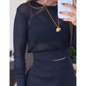 Conjunto de Dos Piezas de Blusa de Punto de Manga Larga y Cuello Redondo para Mujer de Jane, con Detalle Transparente, Estilo Casual para Adultos - Product Image 4