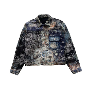 Venta al por mayor directa de la fábrica de alta calidad de la vendimia Y2K Imprimir Denim Jacket Custom Color Block Patchwork Bomber Moda para los hombres - Product Image 1