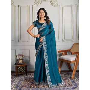 Sari de seda de gasa Fendy suave Premium moderno para bodas y fiestas con bordado completo C Pallu y trabajo Swarovski de secado rápido - Product Image 1