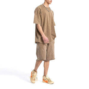 2025, ropa de verano informal de manga corta para hombre, conjunto corto ajustado de lavado ácido de algodón pesado, conjunto de camisetas cortas de 2 piezas - Product Image 6