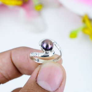 Fantastique fait à la main 925 en argent Sterling Vintage plaqué argent bague nouveauté à la mode perle noire bague en pierres précieuses Gfit pour maman - Product Image 3