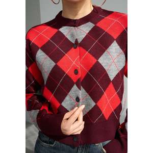 Burgundy-<b>Red</b> Argyle Pattern <b>Cardigan</b> - Product Image 2