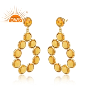 Boucles d'oreilles pendantes en argent sterling plaqué or 18 carats avec pierre précieuse citrine de laboratoire, fabrication de bijoux semi-fins - Product Image 2