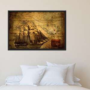 Lienzo impreso elegante: ilustración de mapa de piratas para decoración de pared única, 1 pieza: marco negro - Product Image 1