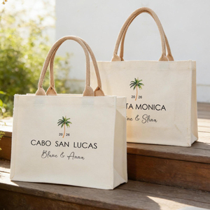 Sac fourre-tout en toile personnalisé avec imprimé palmier pour mariage à destination, sac cadeau tropical personnalisé pour cadeau de demoiselle d'honneur - Product Image 1