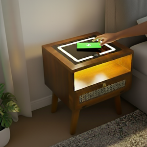 Mesita de noche inteligente de madera maciza con carga inalámbrica, luz Led, cajón de ratán y puertos Usb para dormitorio moderno - Product Image 5