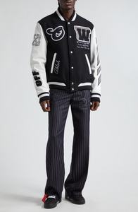 Chaqueta de béisbol de satén blanco y negro de moda bordada en la espalda con cremallera completa Varsity Sports Bomber Varsity Jacket - Product Image 6